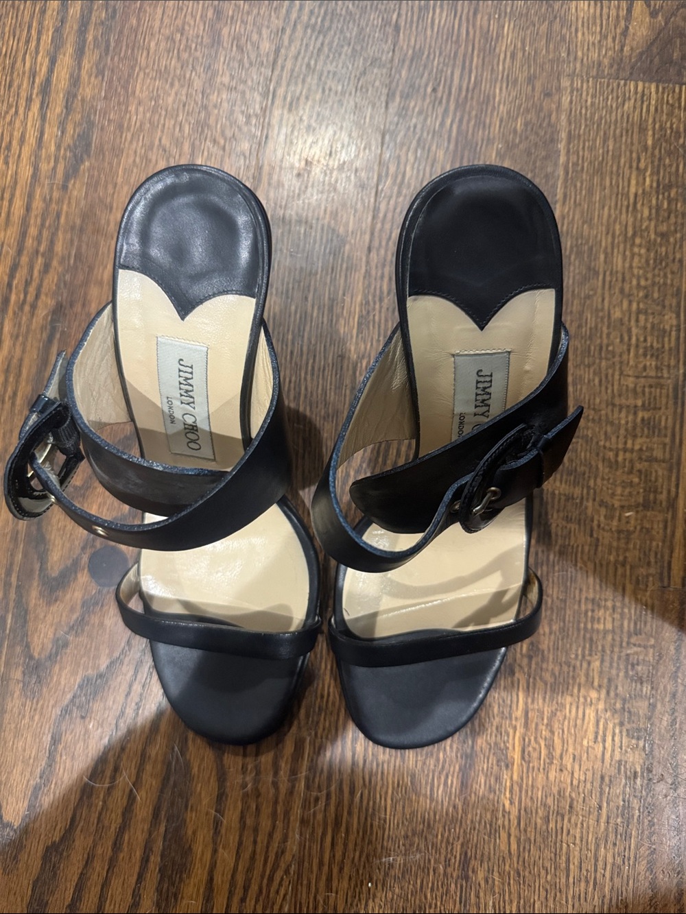 Jimmy Choo/Black Leather Strappy 3.5” heels/buckle patent leather closure/classy